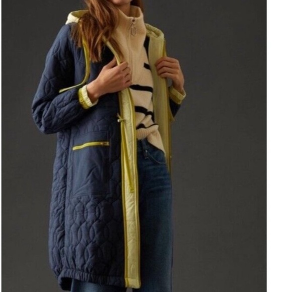 ANTHROPOLOGIE Daily Practice Navy Blue Green Hooded Quilted Coat XXS - Picture 1 of 7